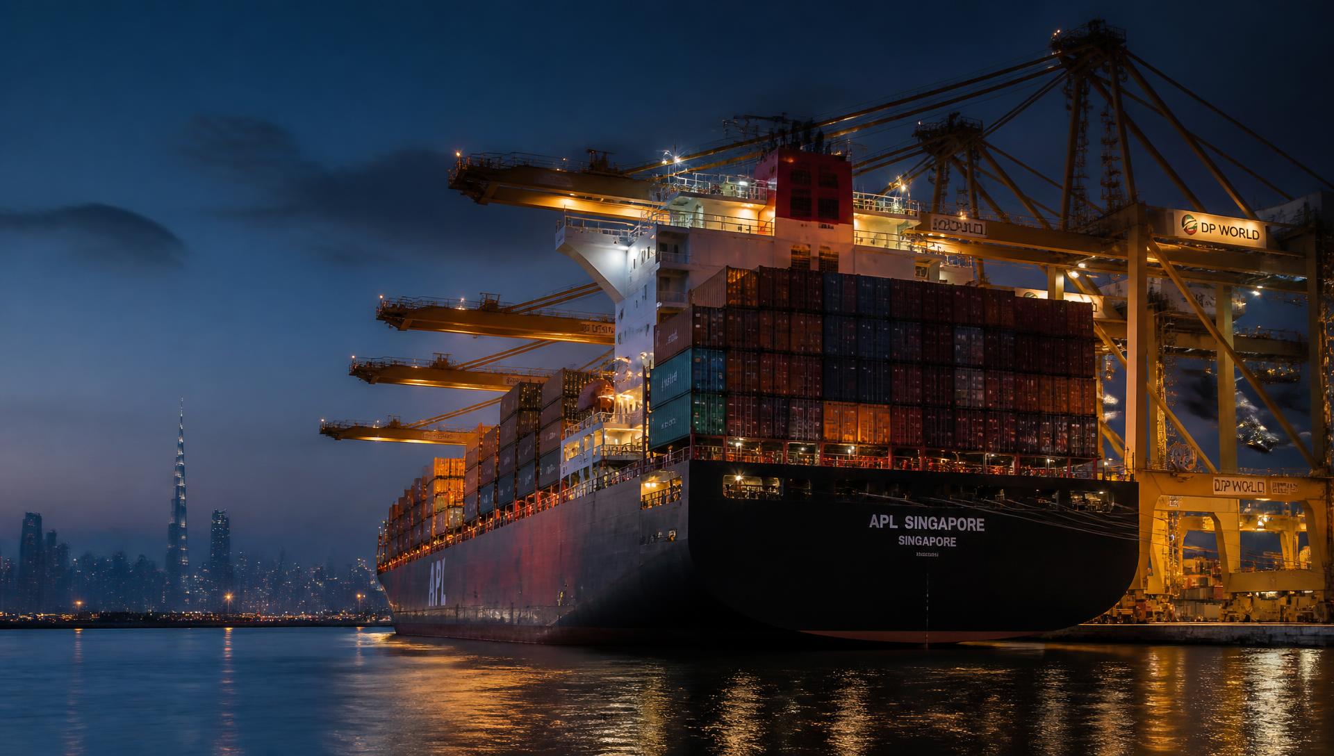 Container ship being loaded at a UAE port at dusk