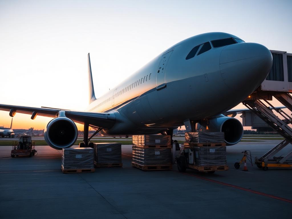 Air cargo freighter loaded with pallets on the tarmac